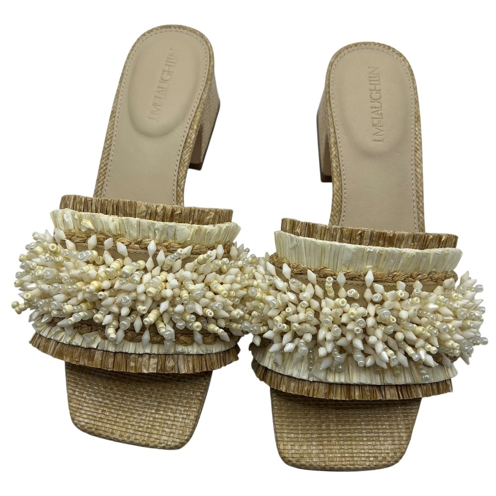 J.McLaughlin Seren Beaded Block Heel Sandals Beachwood Tan Cream Womens 7